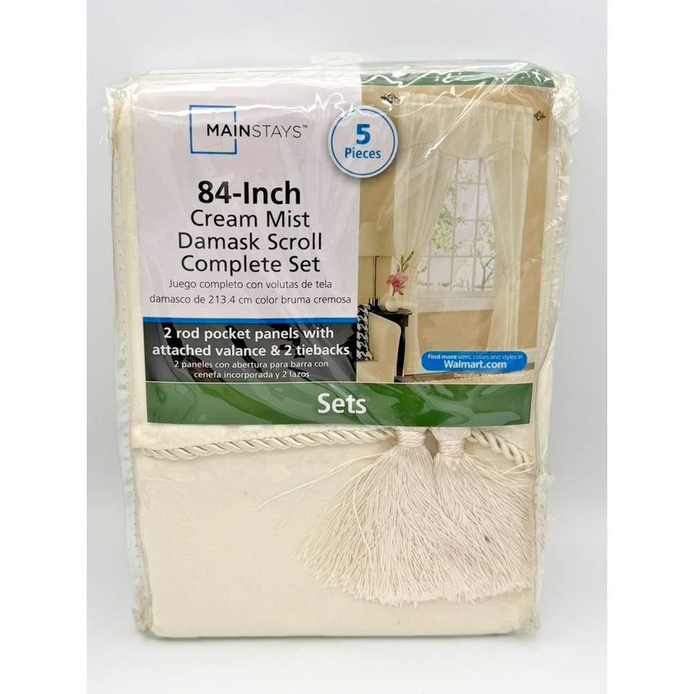 Mainstays 84 Inch Curtain Set Cream Mist Damask Scroll 5 Piece Window Panels New